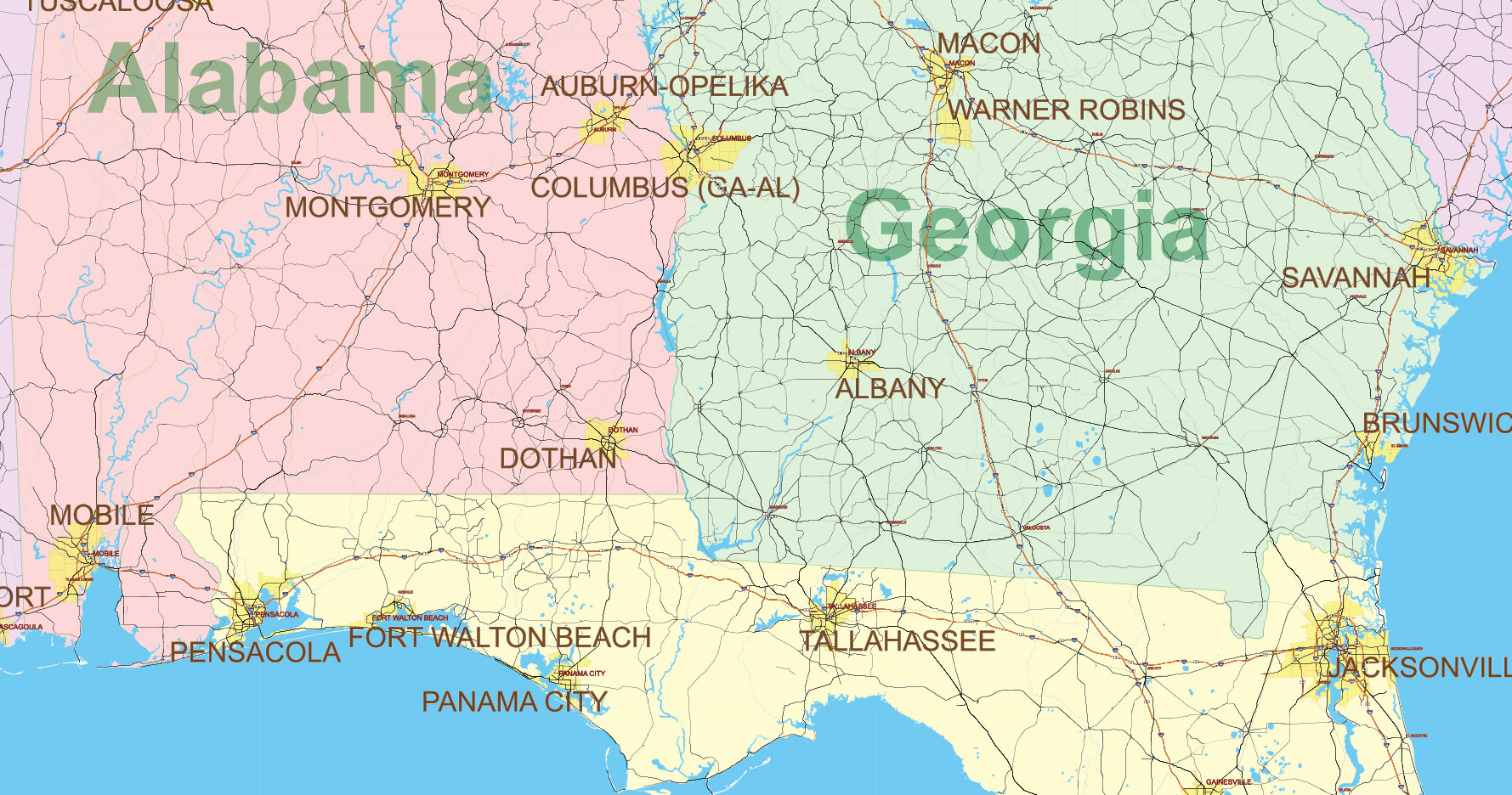 Florida, Alabama and Georgia part USA Vector Map Exact High and LOW Detailed Street Map editable Adobe Illustrator in layers
