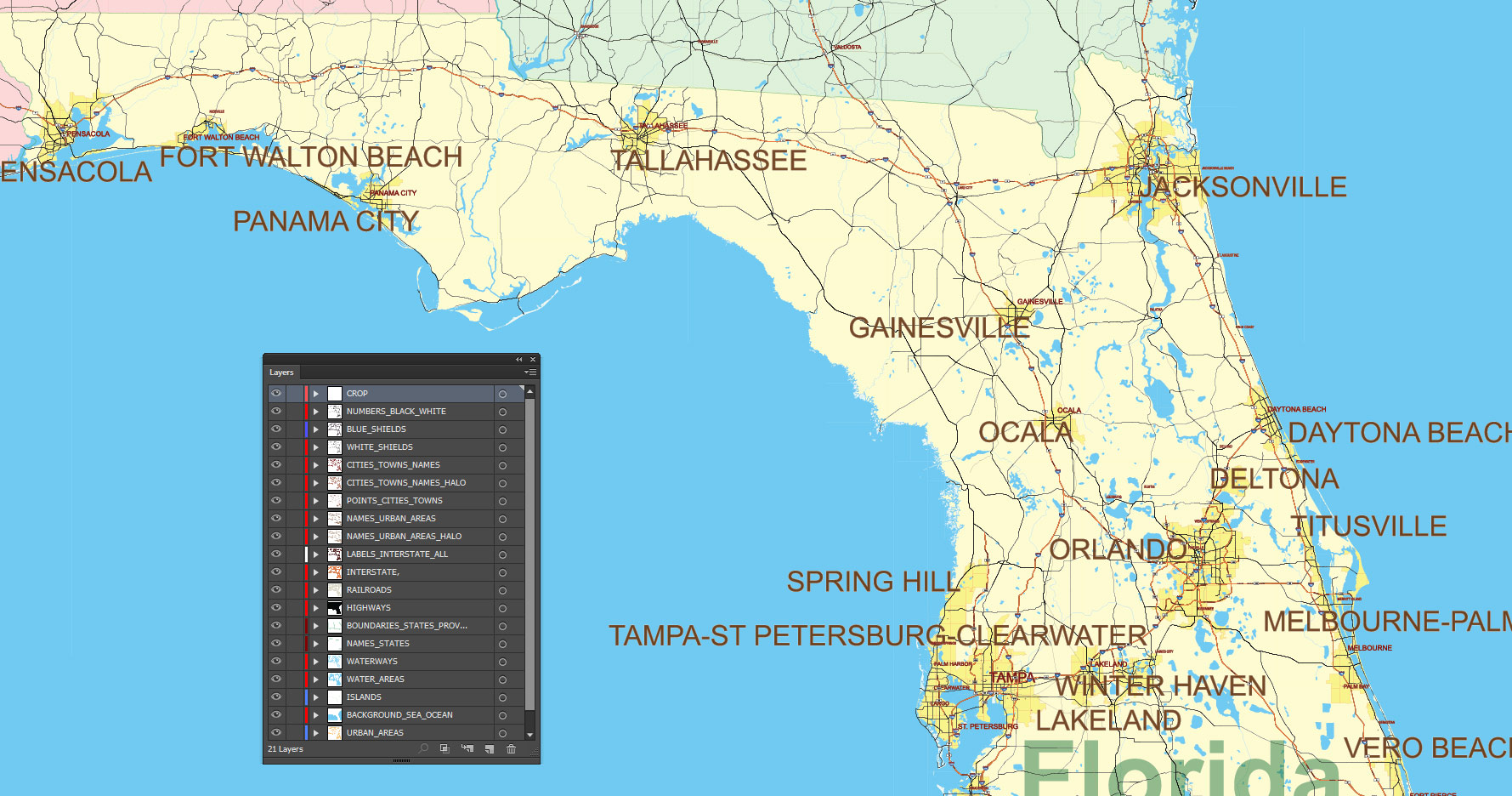 Florida, Alabama and Georgia part USA Vector Map Exact High and LOW Detailed Street Map editable Adobe Illustrator in layers