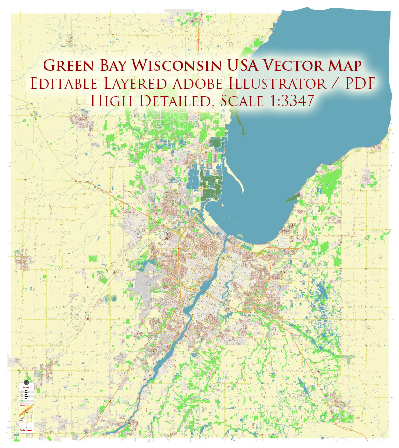 Green Bay Wisconsin USA Vector Map Exact High Detailed Street Map editable Adobe Illustrator in layers