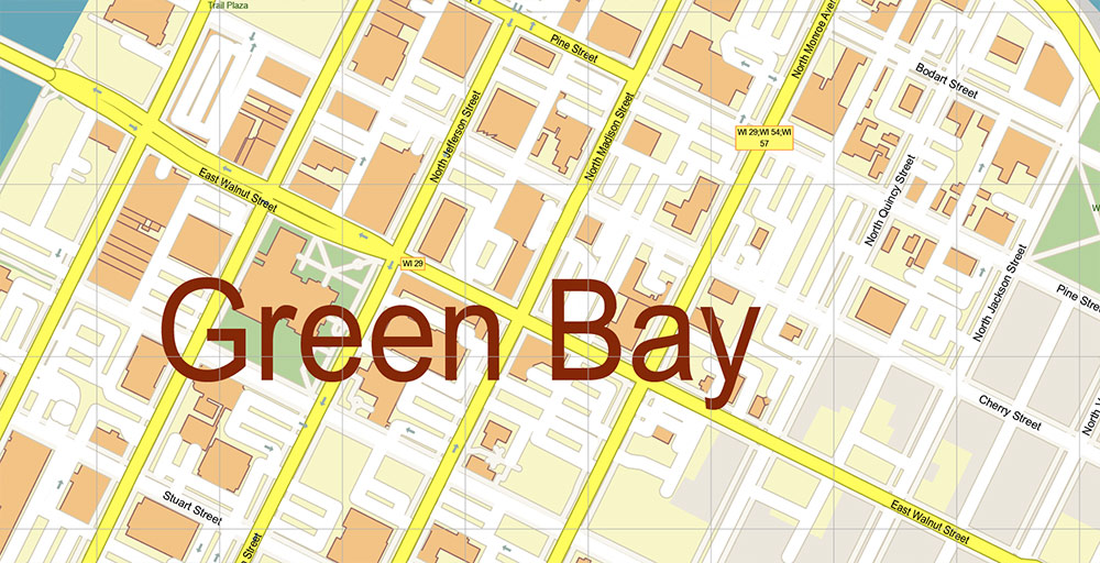 Green Bay Wisconsin USA Vector Map Exact High Detailed Street Map editable Adobe Illustrator in layers
