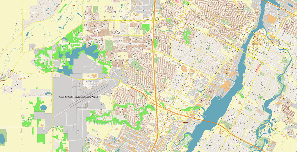 Green Bay Wisconsin USA Vector Map Exact High Detailed Street Map editable Adobe Illustrator in layers