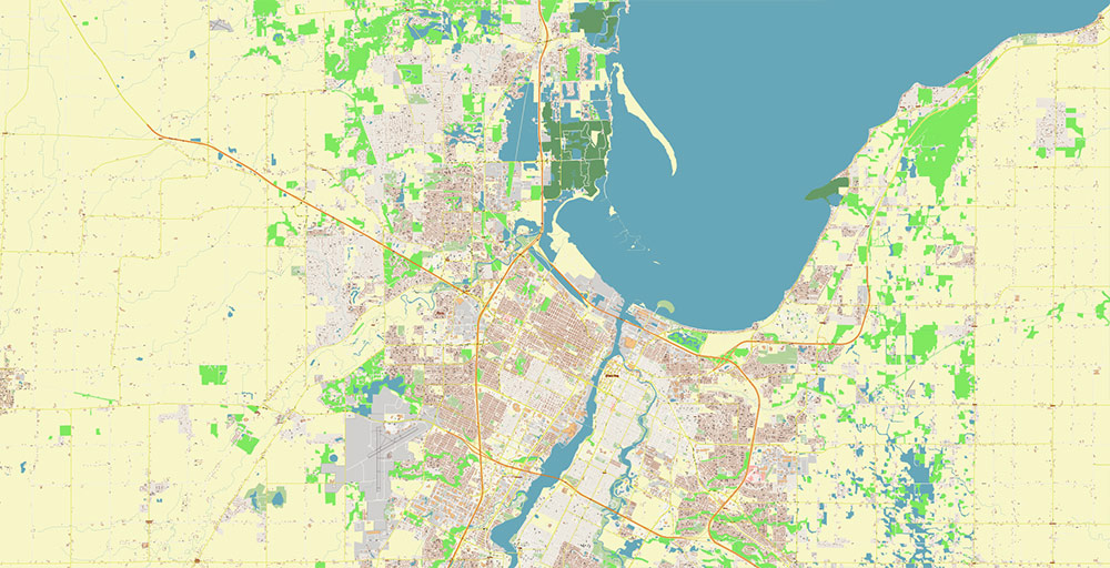 Green Bay Wisconsin USA Vector Map Exact High Detailed Street Map editable Adobe Illustrator in layers