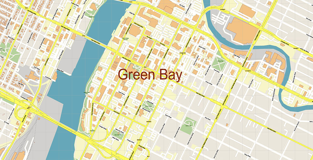 Green Bay Wisconsin USA Vector Map Exact High Detailed Street Map editable Adobe Illustrator in layers