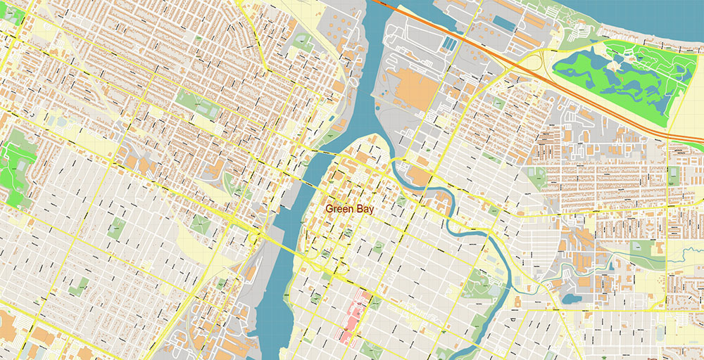 Green Bay Wisconsin USA Vector Map Exact High Detailed Street Map editable Adobe Illustrator in layers