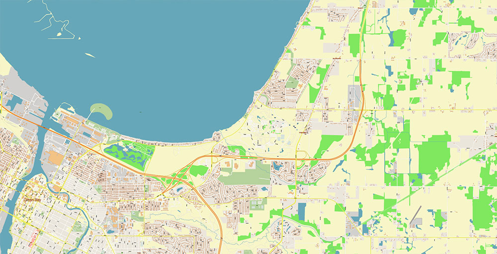 Green Bay Wisconsin USA Vector Map Exact High Detailed Street Map editable Adobe Illustrator in layers