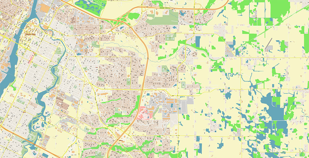 Green Bay Wisconsin USA Vector Map Exact High Detailed Street Map editable Adobe Illustrator in layers