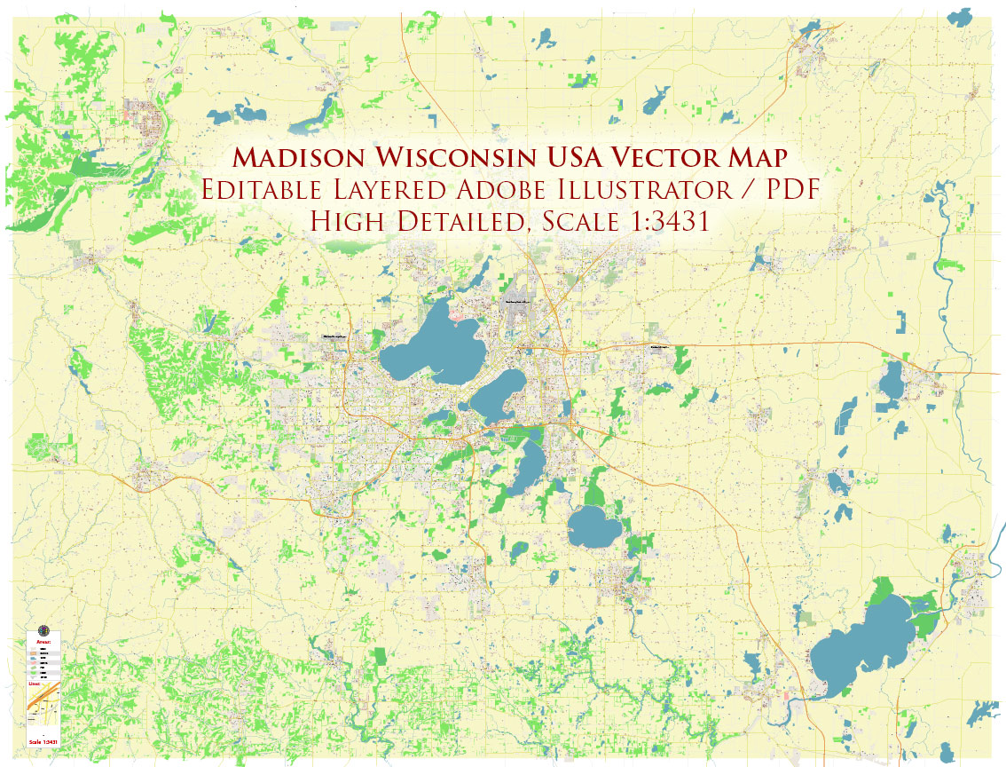 Madison Wisconsin USA Vector Map: Exact High Detailed Street Map editable Adobe Illustrator in layers