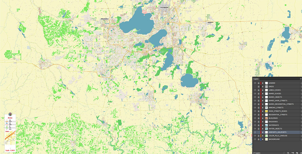 Madison Wisconsin USA Vector Map: Exact High Detailed Street Map editable Adobe Illustrator in layers