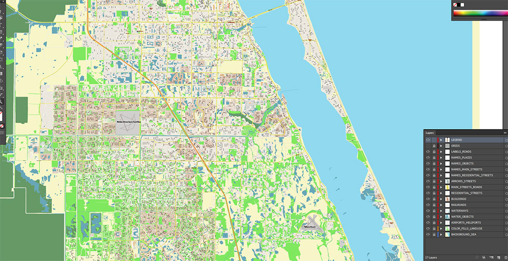 Melbourne Florida USA Vector Map Exact High Detailed Street Map editable Adobe Illustrator in layers