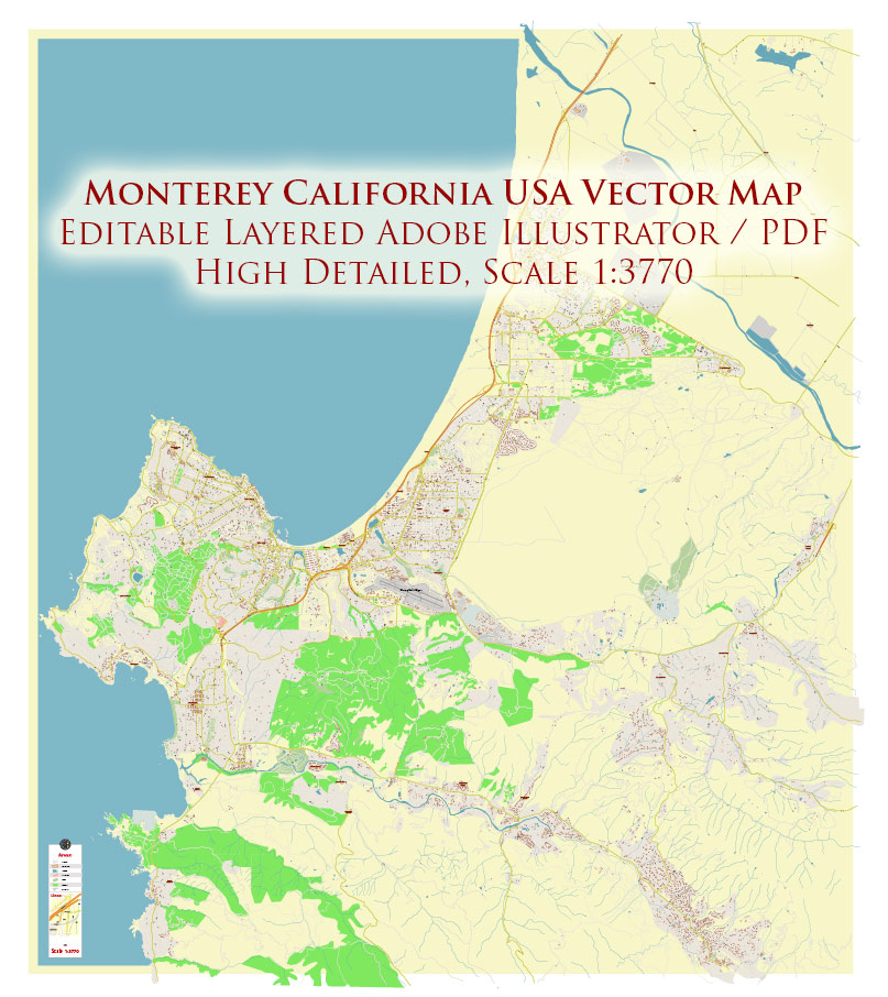 Monterey California USA Vector Map: Exact High Detailed Street Map editable Adobe Illustrator in layers