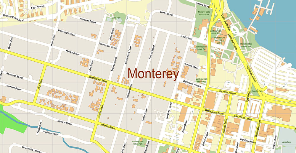 Monterey California USA Vector Map: Exact High Detailed Street Map editable Adobe Illustrator in layers