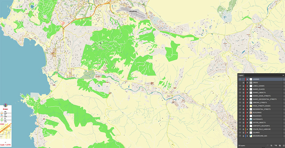 Monterey California USA Vector Map: Exact High Detailed Street Map editable Adobe Illustrator in layers