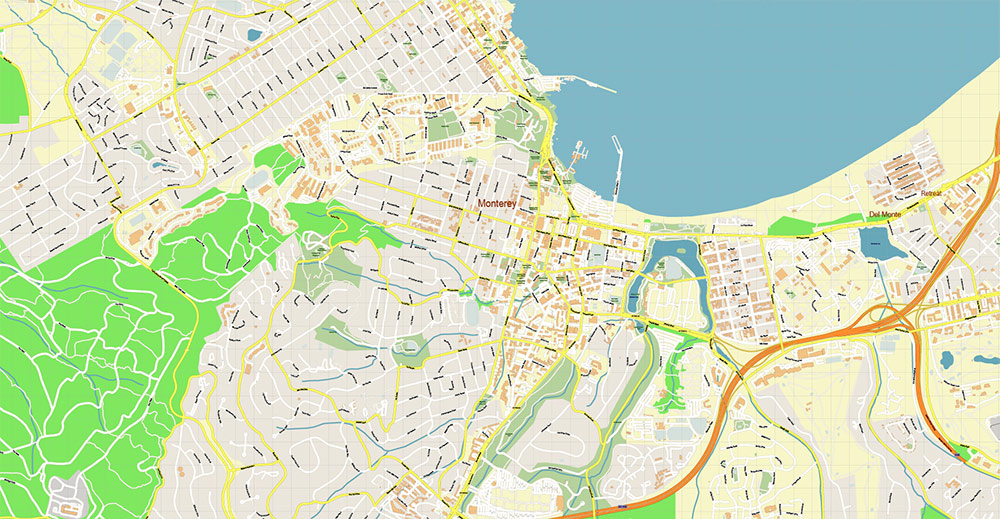 Monterey California USA Vector Map: Exact High Detailed Street Map editable Adobe Illustrator in layers