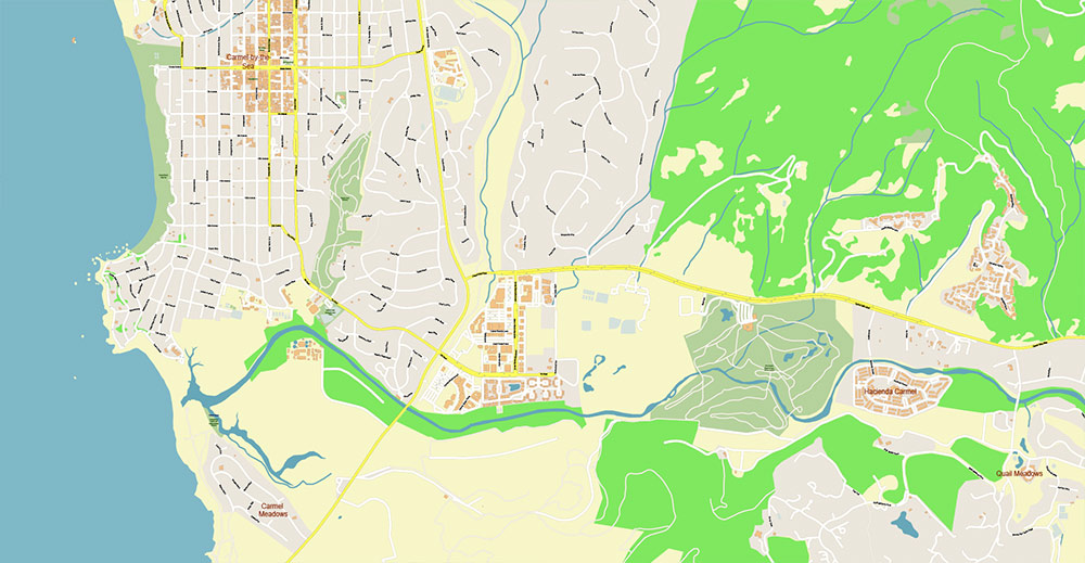 Monterey California USA Vector Map: Exact High Detailed Street Map editable Adobe Illustrator in layers
