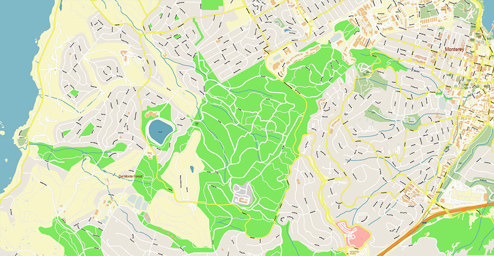 Monterey California USA Vector Map: Exact High Detailed Street Map editable Adobe Illustrator in layers