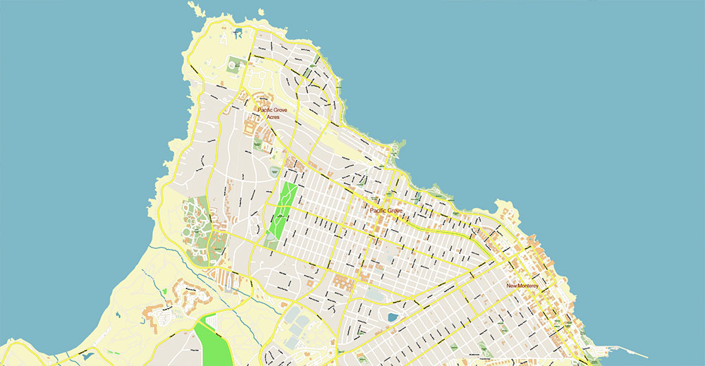 Monterey California USA Vector Map: Exact High Detailed Street Map editable Adobe Illustrator in layers