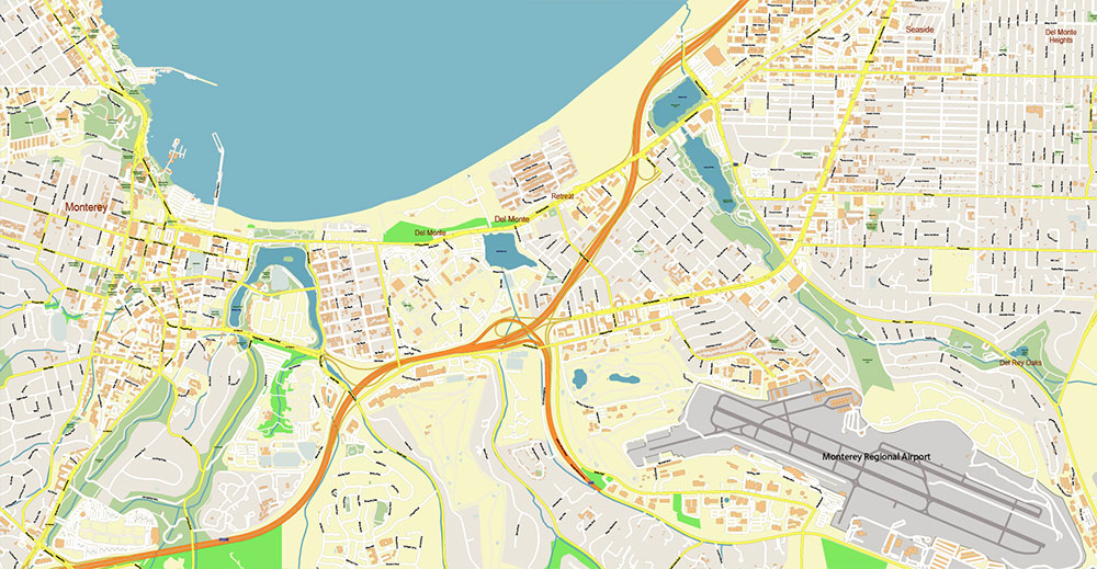 Monterey California USA Vector Map: Exact High Detailed Street Map editable Adobe Illustrator in layers
