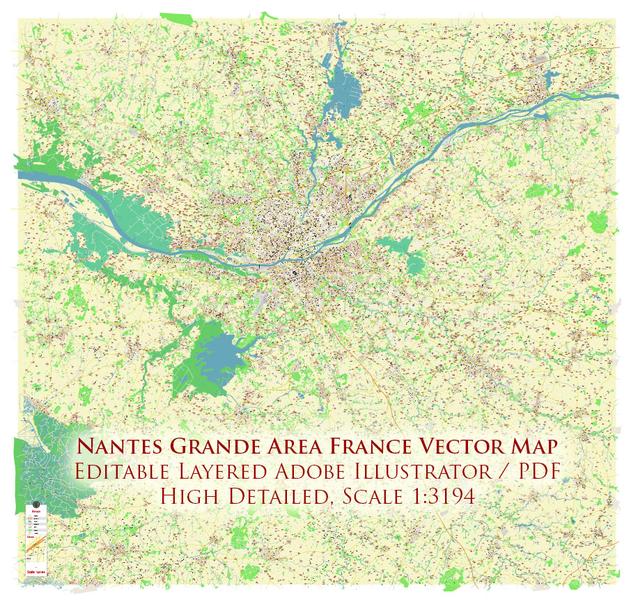 Nantes France Grande Area Vector Map: Exact High Detailed Street Map editable Adobe Illustrator in layers