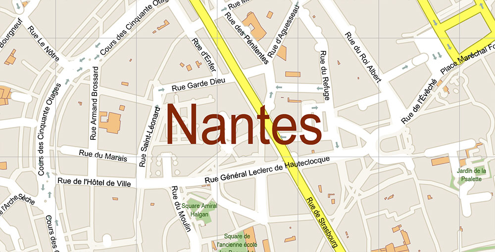 Nantes France Grande Area Vector Map: Exact High Detailed Street Map editable Adobe Illustrator in layers