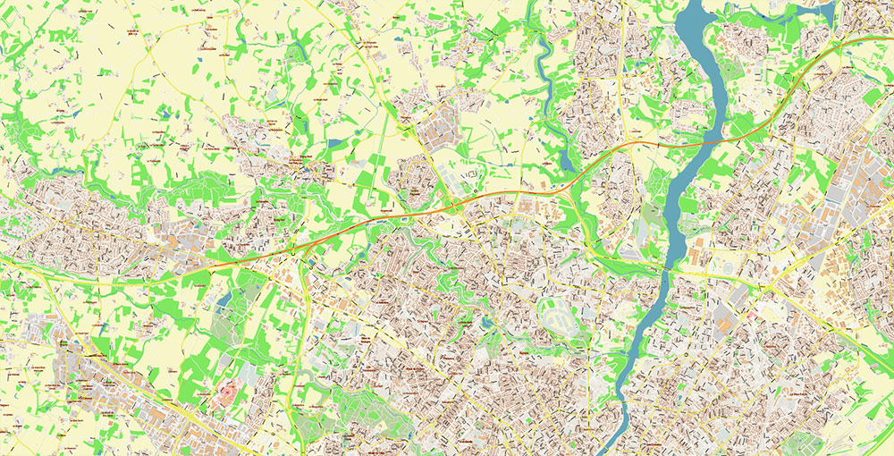 Nantes France Grande Area Vector Map: Exact High Detailed Street Map editable Adobe Illustrator in layers