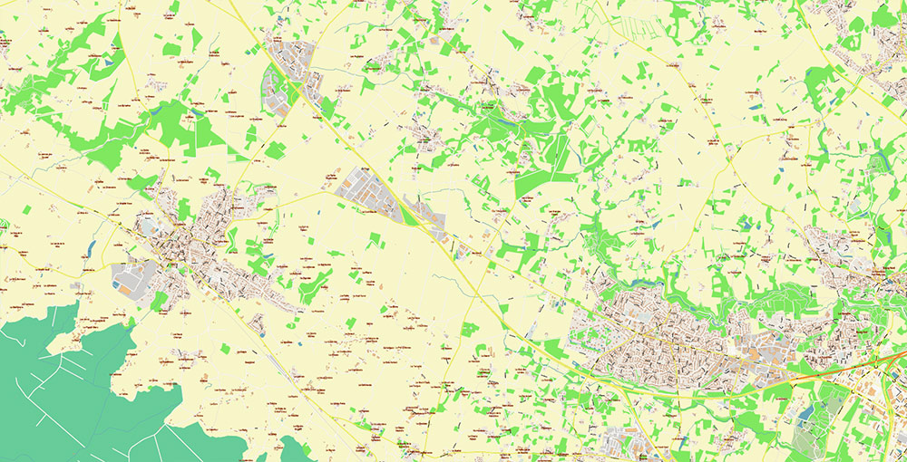 Nantes France Grande Area Vector Map: Exact High Detailed Street Map editable Adobe Illustrator in layers