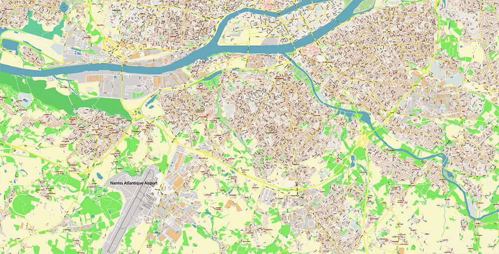 Nantes France Grande Area Vector Map: Exact High Detailed Street Map ...