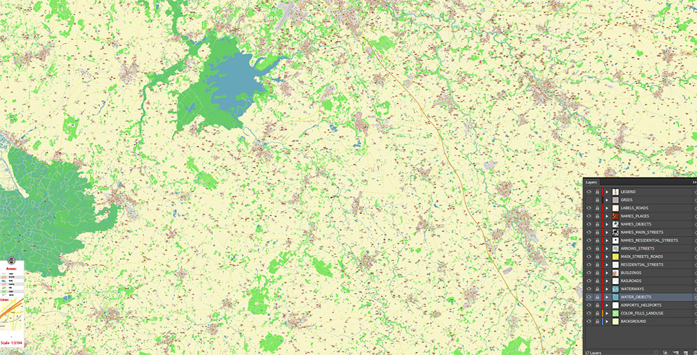 Nantes France Grande Area Vector Map: Exact High Detailed Street Map ...