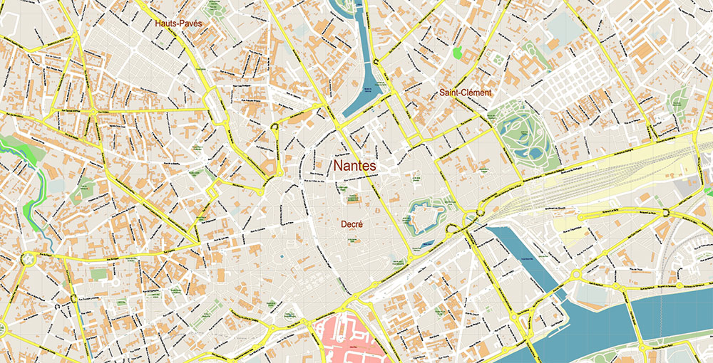 Nantes France Grande Area Vector Map: Exact High Detailed Street Map editable Adobe Illustrator in layers