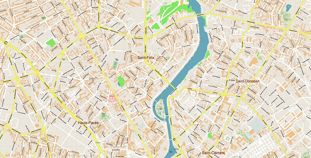 Nantes France Grande Area Vector Map: Exact High Detailed Street Map editable Adobe Illustrator in layers