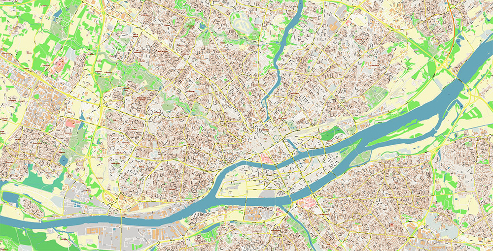 Nantes France Grande Area Vector Map: Exact High Detailed Street Map editable Adobe Illustrator in layers