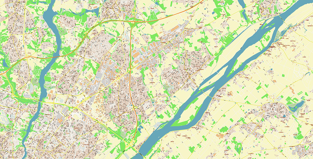 Nantes France Grande Area Vector Map: Exact High Detailed Street Map editable Adobe Illustrator in layers