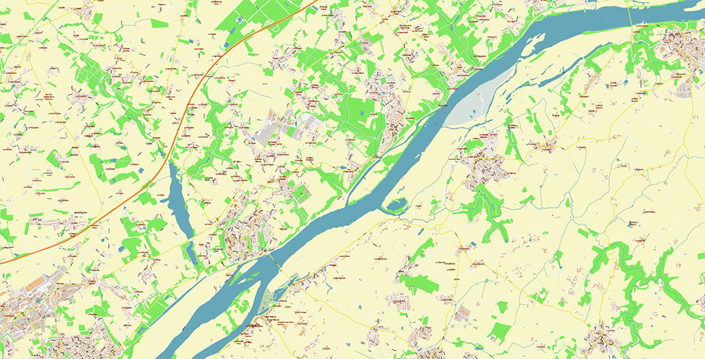 Nantes France Grande Area Vector Map: Exact High Detailed Street Map editable Adobe Illustrator in layers