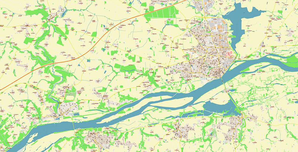 Nantes France Grande Area Vector Map: Exact High Detailed Street Map editable Adobe Illustrator in layers
