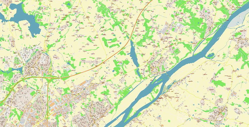 Nantes France Grande Area Vector Map: Exact High Detailed Street Map editable Adobe Illustrator in layers