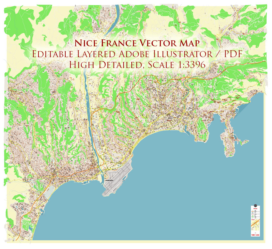 Nice France Vector Map: Exact High Detailed Street Map editable Adobe Illustrator in layers