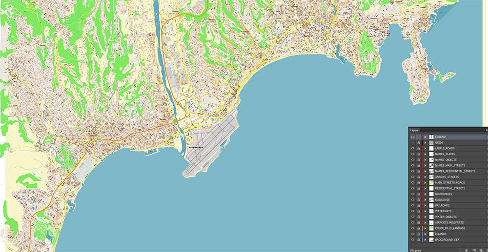 Nice France Vector Map: Exact High Detailed Street Map editable Adobe Illustrator in layers