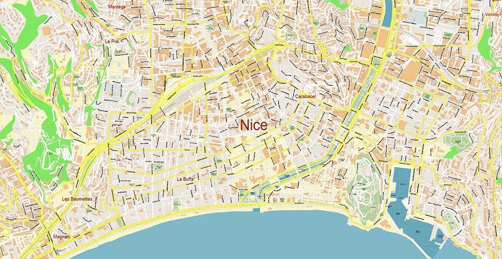 Nice France Vector Map: Exact High Detailed Street Map editable Adobe Illustrator in layers