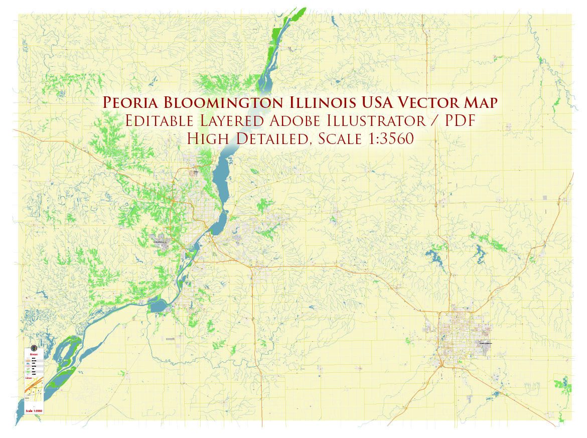 Peoria and Bloomington Illinois USA Vector Map: Exact High Detailed Street Map editable Adobe Illustrator in layers