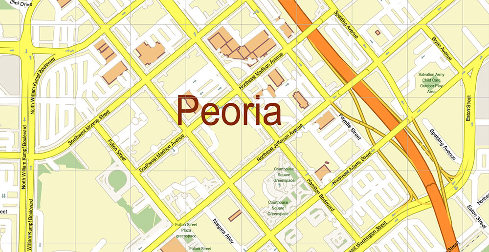 Peoria and Bloomington Illinois USA Vector Map: Exact High Detailed Street Map editable Adobe Illustrator in layers