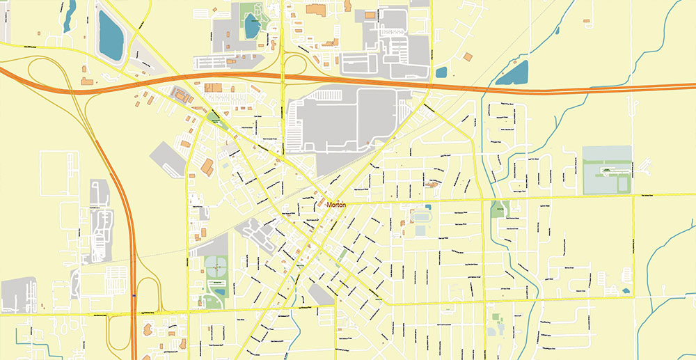 Peoria and Bloomington Illinois USA Vector Map: Exact High Detailed Street Map editable Adobe Illustrator in layers