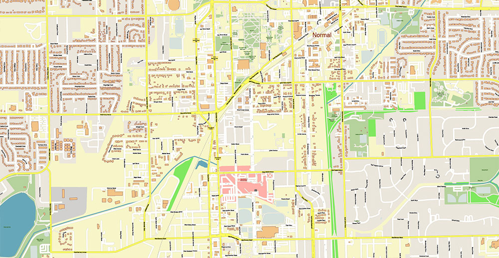 Peoria and Bloomington Illinois USA Vector Map: Exact High Detailed Street Map editable Adobe Illustrator in layers