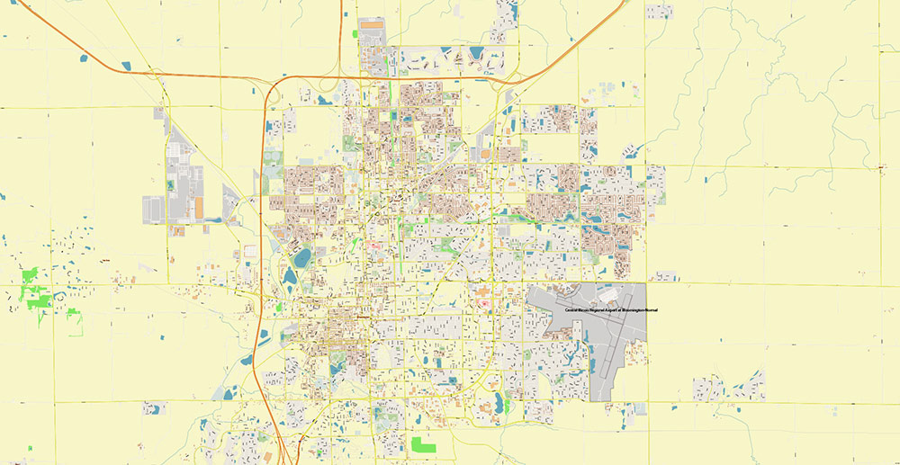 Peoria and Bloomington Illinois USA Vector Map: Exact High Detailed Street Map editable Adobe Illustrator in layers
