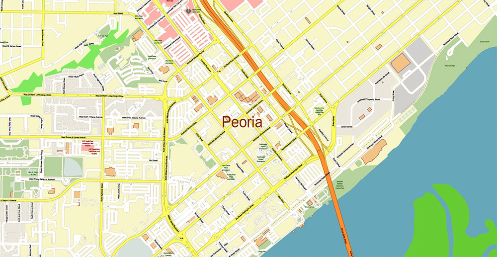 Peoria and Bloomington Illinois USA Vector Map: Exact High Detailed Street Map editable Adobe Illustrator in layers