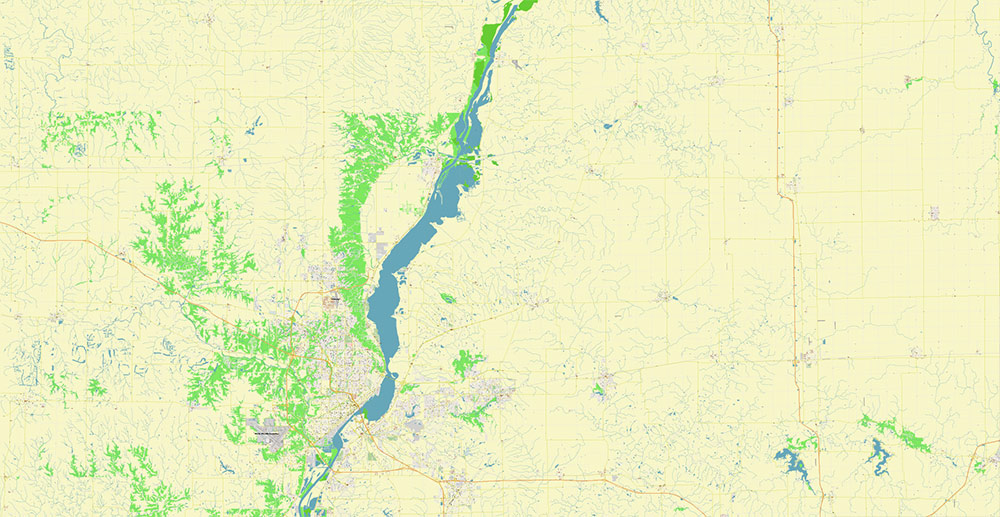 Peoria and Bloomington Illinois USA Vector Map: Exact High Detailed Street Map editable Adobe Illustrator in layers