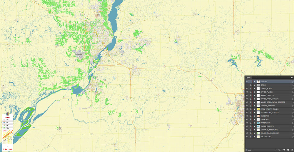 Peoria and Bloomington Illinois USA Vector Map: Exact High Detailed Street Map editable Adobe Illustrator in layers
