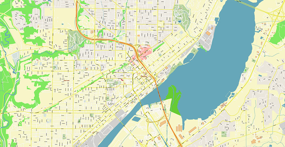 Peoria and Bloomington Illinois USA Vector Map: Exact High Detailed Street Map editable Adobe Illustrator in layers
