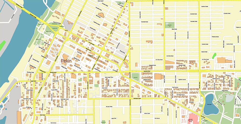 Peoria and Bloomington Illinois USA Vector Map: Exact High Detailed Street Map editable Adobe Illustrator in layers