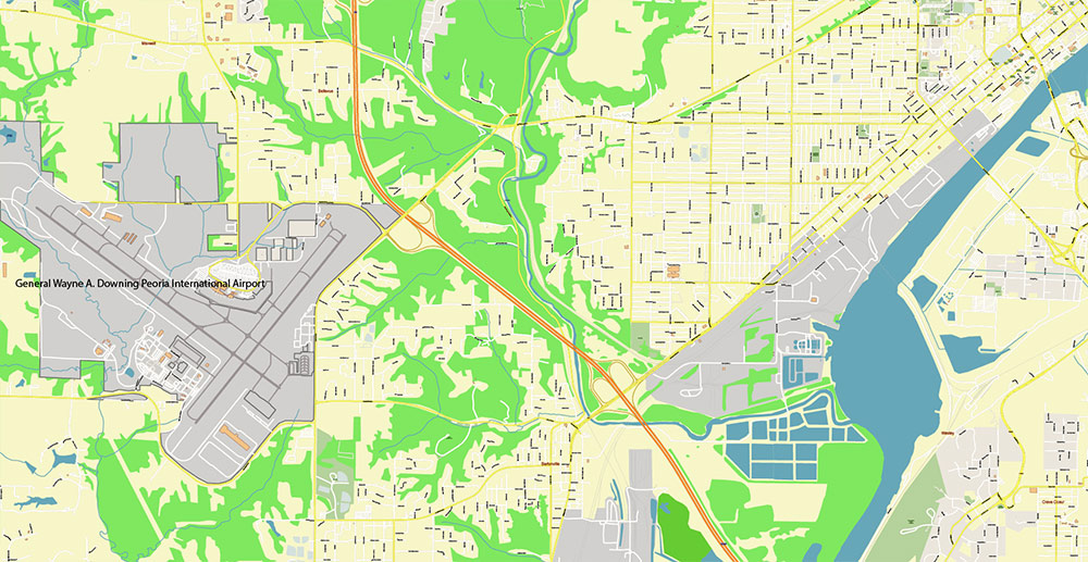 Peoria and Bloomington Illinois USA Vector Map: Exact High Detailed Street Map editable Adobe Illustrator in layers