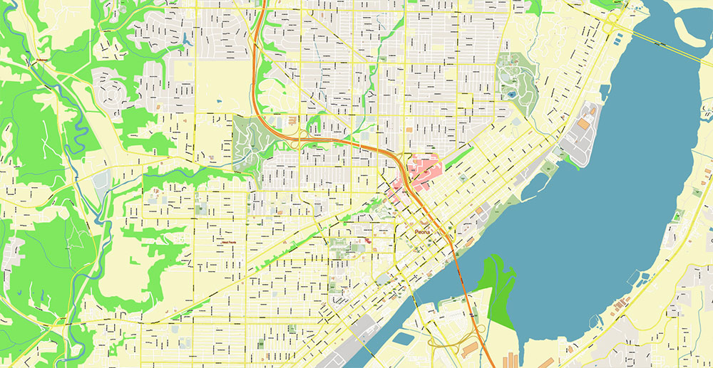 Peoria and Bloomington Illinois USA Vector Map: Exact High Detailed Street Map editable Adobe Illustrator in layers