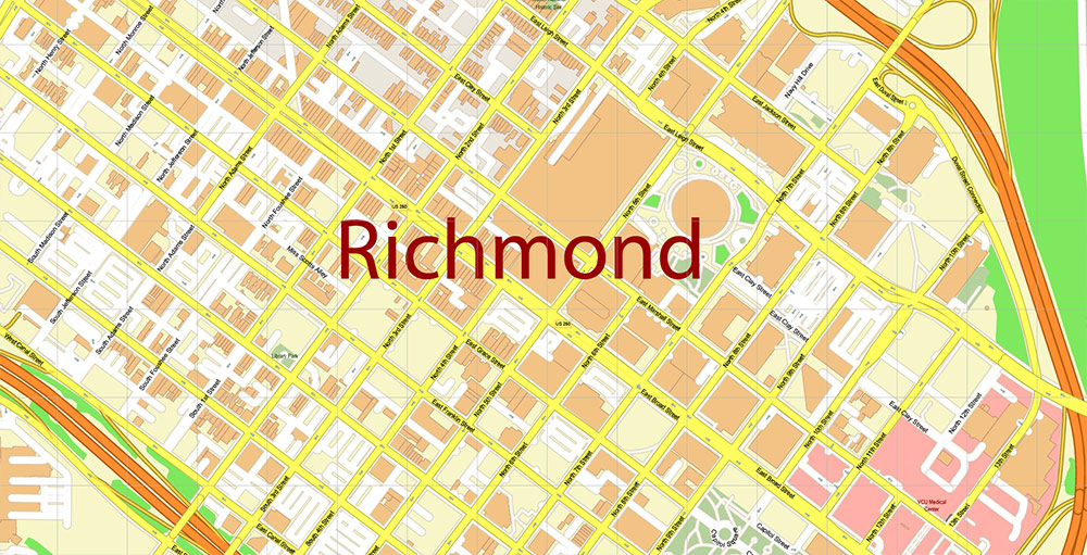Richmond + Petersburg Virginia USA Vector Map Exact High Detailed Street Map editable Adobe Illustrator in layers